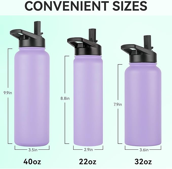 DOMICARE 32 oz Insulated Water Bottle Bulk, Vacuum Insulated Stainless Steel Sports Water Bottle with Straw Lid & Spout Lid, Leakproof, Reusable - Travel, Camping, Bike, Purple (4 Pack)