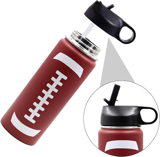 18 oz Football Water Bottle with Straw, Sports Flask Metal Travel Tumbler with 2 Lids, Stainless Steel Double Wall Vacuum Insulated Leak Proof Thermo Water Bottles, Football Gear Gifts for Boys Girls