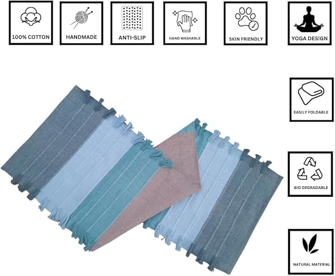 Indian Handmade100 % Organic Anti Skid Multi Colour Cotton Yoga Mat - Eco-Friendly Hand-Woven Rug - Non-Slip & Thick (24”x72”x5mm) for Hot yoga & Everyday Fitness at Home - Comfortable & Foldable Extra-Long Mat