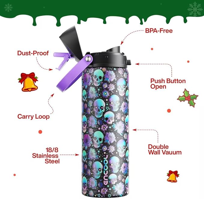 ENCOOL Insulated Water Bottle with Straw Stainless Steel Water Bottle with Push Button Lid, Leak-Proof & BPA-Free, Keeps Cold for 24 Hours for Sports, Travel, Gym (32 oz, Floral Afterlife)