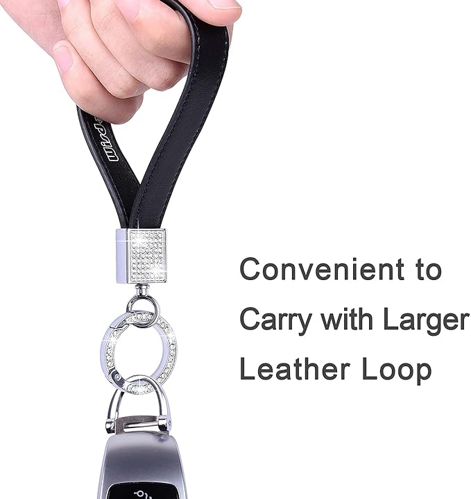 Wisdompro Genuine Leather Car Keychain, Bling Key FOB Holder Leather Loop Keychains for Women Girls with Crystal Rhinestones and 2 Keyrings - Black