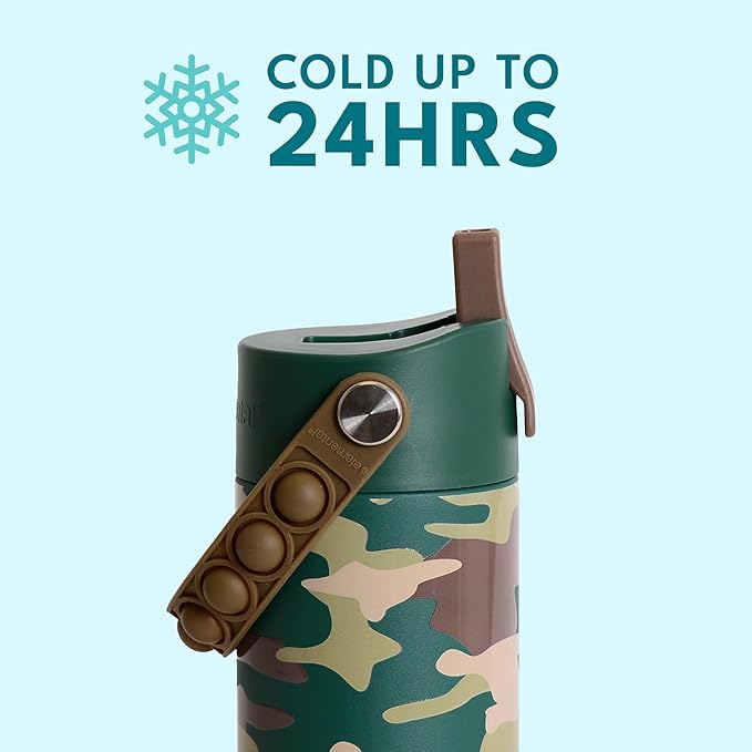 Elemental Insulated Kids Water Bottle, Stainless Steel Water Bottle with Straw Lid & Pop-It Handle, Leak-Proof Water Bottles for School, Boys or Girls, Travelling and Sports, 18oz - Green Camo