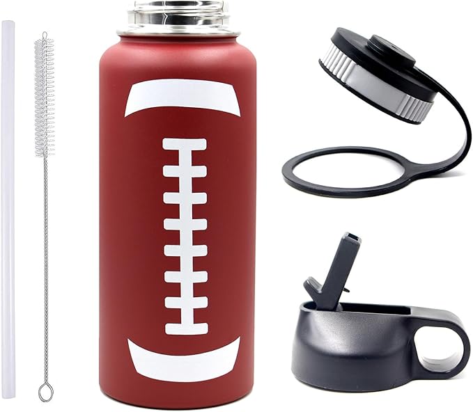 32 oz Football Water Bottle with Straw, Wide Mouth Sports Flask Metal Travel Tumbler with 2 Lids, Stainless Steel Double Wall Vacuum Insulated Thermo Water Bottles, Football Gear Gifts for Boys Girls