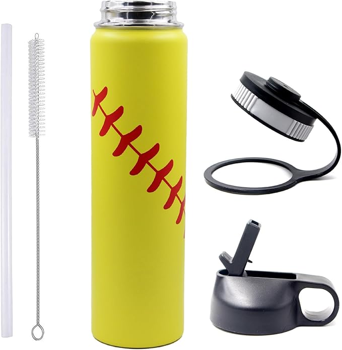 25 oz Softball Water Bottle, Wide Mouth Sports Flask Metal Travel Tumbler with 2 Lids, Stainless Steel Double Wall Vacuum Insulated Leak Proof Thermo Water Bottles, Softball Stuff Gifts for Mom Girls