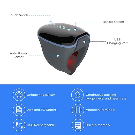 Wellue O2Ring Pulse Oximter, Bluetooth SPO2 Blood Oxygen Saturation Monitor - Wearable O2 Ring Sensor with Vibration Reminder, Free APP & PC Report, Rechargeable