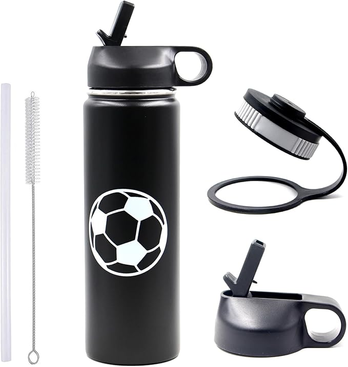 22 oz Soccer Water Bottle with Straw, Sports Flask Metal Travel Tumbler with 2 Lids, BPA Free Stainless Steel Double Wall Vacuum Insulated Leak Proof Thermo Water Bottles, Soccer Gifts for Boys Girls