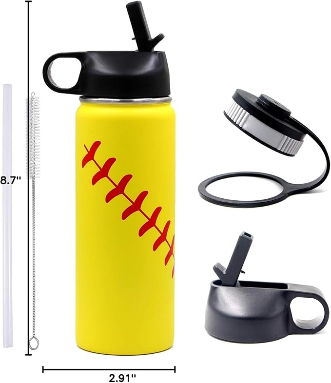 18 oz Softball Water Bottle, Wide Mouth Sports Flask Metal Travel Tumbler with 2 Lids, Stainless Steel Double Wall Vacuum Insulated Leak Proof Thermo Water Bottles, Softball Stuff Gifts for Mom Girls