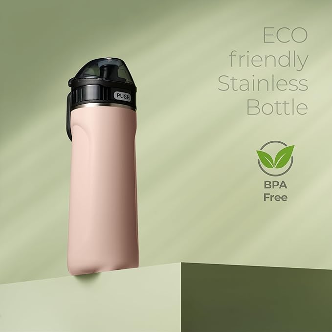 SIPX Stainless Steel Water Bottle, 18oz, Peach, Reusable, BPA-Free, Keeps Cold 24hr, Triple Insulated, Leak Proof Straw Lid, Sustainable Material, Hiking