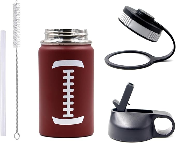 12 oz Football Water Bottle with Straw, Sports Flask Metal Travel Tumbler with 2 Lids, Stainless Steel Double Wall Vacuum Insulated Leak Proof Thermo Water Bottles, Football Gear Gifts for Boys Girls