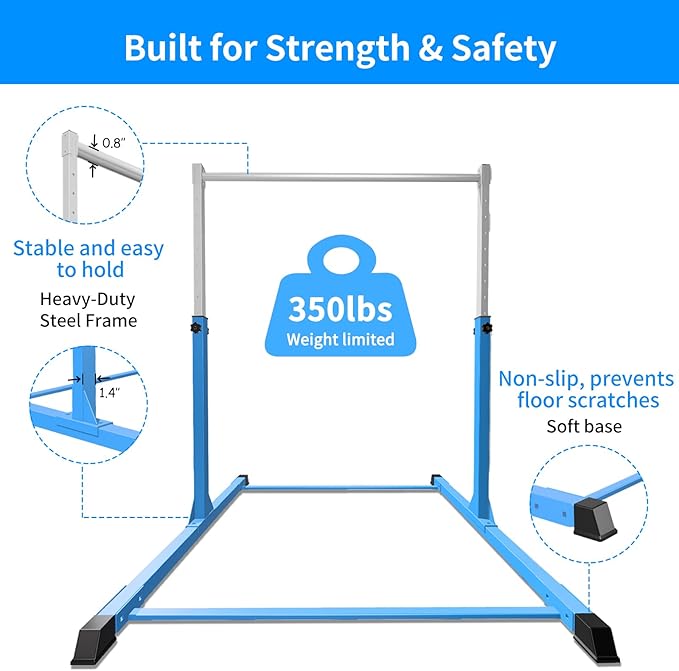 Safe Sturdy Gymnastics Bar for Kids Ages 3-18，Easy to Assemble and Release，3'-5' Adjustable Heigh，Anti-Slip，Steel Home Gym Training Bar for Junior Gymnasts，Gymnastic Equipment for Indoor Practice，All