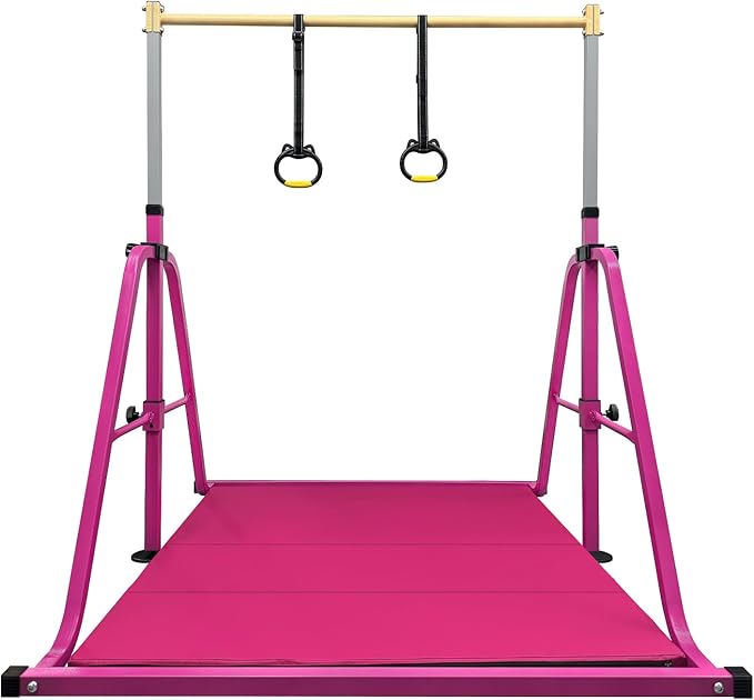 Foldable Gymnastics Kip Bar with Mat and Ring Set,3' to 5' Height Adjustable,Kids Gymnastic Equipment for Ages 3-15,Indoor and Home Training- Max Load 350LBS