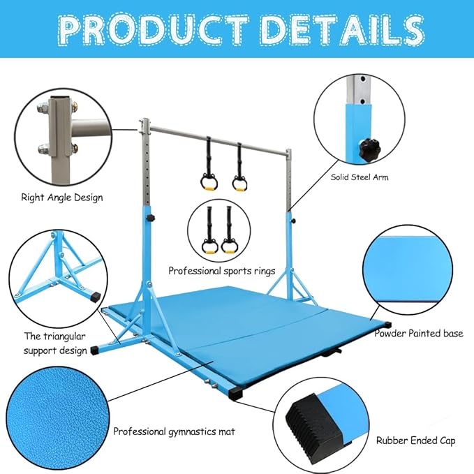 Gymnastics Kip Bar for Home Indoor Training,Horizontal Bar for Kids Girls Junior,Adjustable Arms from 3' - 5' Gym Equipment,1-4 Levels,300lbs Weight Capacity