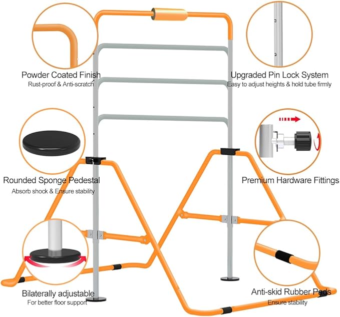 Expandable Gymnastics Bar for Kids, Adjustable Height Junior Training Kip Bar, Folding Gymnastic Horizontal Bars Monkey Bar, Home Gym Equipment for Kid Gymnasts, Child, Girl, Boy