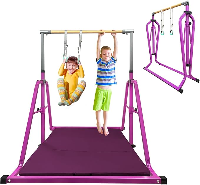 GLANT Gymnastics Bar for Kids with Rings Set, 7 Heights Adjustable Easy Folding Gymnastic Training Bar Kids Monkey Horizontal Bars - Max Load 300LBS
