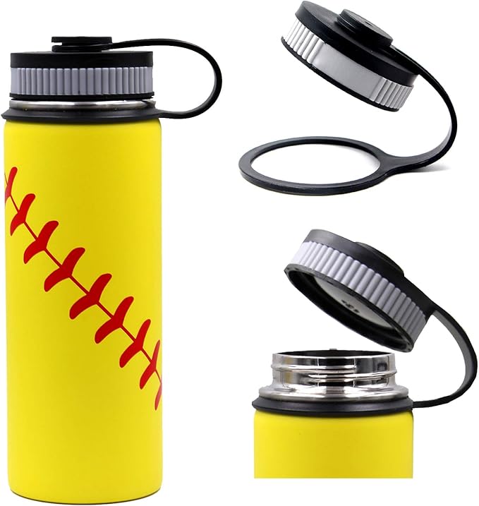 18 oz Softball Water Bottle, Wide Mouth Sports Flask Metal Travel Tumbler with 2 Lids, Stainless Steel Double Wall Vacuum Insulated Leak Proof Thermo Water Bottles, Softball Stuff Gifts for Mom Girls