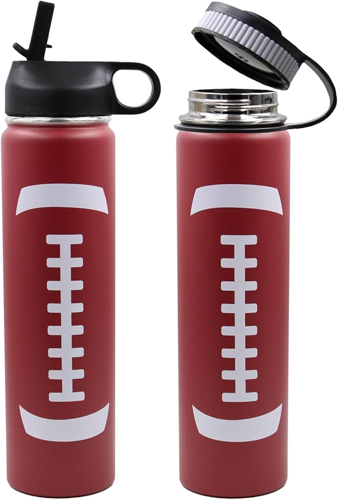 25 oz Football Water Bottle with Straw, Sports Flask Metal Travel Tumbler with 2 Lids, Stainless Steel Double Wall Vacuum Insulated Leak Proof Thermo Water Bottles, Football Gear Gifts for Boys Girls