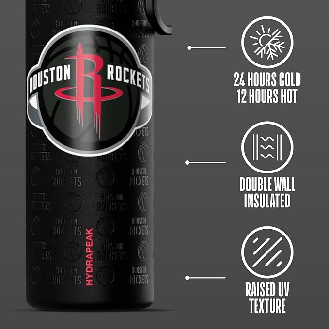 Hydrapeak x NBA Officially Licensed Houston Rockets 26 oz Active Water Bottle with Chug Lid and Handle Reusable Stainless Steel Double Wall Insulated Sports Gift