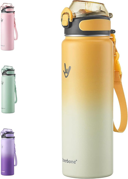 Enerbone 24 oz Insulated Water Bottle, Stainless Steel Bottle with Carrying Strap, Double-Wall Vacuum Insulation Design, Leakproof Sports Bottle with Straw, Keep Drinks Cold or Hot for Hours