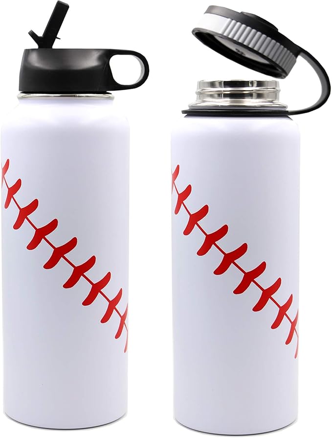 40 oz Baseball Water Bottle, Wide Mouth Sports Flask Metal Travel Tumbler with 2 Lids, Stainless Steel Double Wall Vacuum Insulated Thermo Water Jug, Baseball Accessories Gifts for Mom Boys Girls