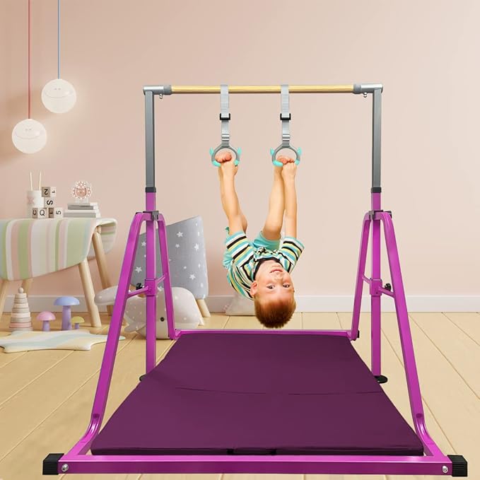 GLANT Gymnastics Bar for Kids with Rings Set, 7 Heights Adjustable Easy Folding Gymnastic Training Bar Kids Monkey Horizontal Bars - Max Load 300LBS