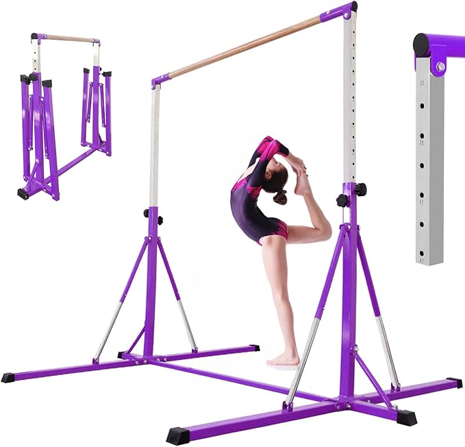 Gymnastics Bar for Kids Ages 3-15, 35" to 60" Adjustable Height, 4FT Wide Base - Professional Kip Bar with 360° Stability & Fiberglass Crossbar, Easy Fold&Solid Design for Home Training