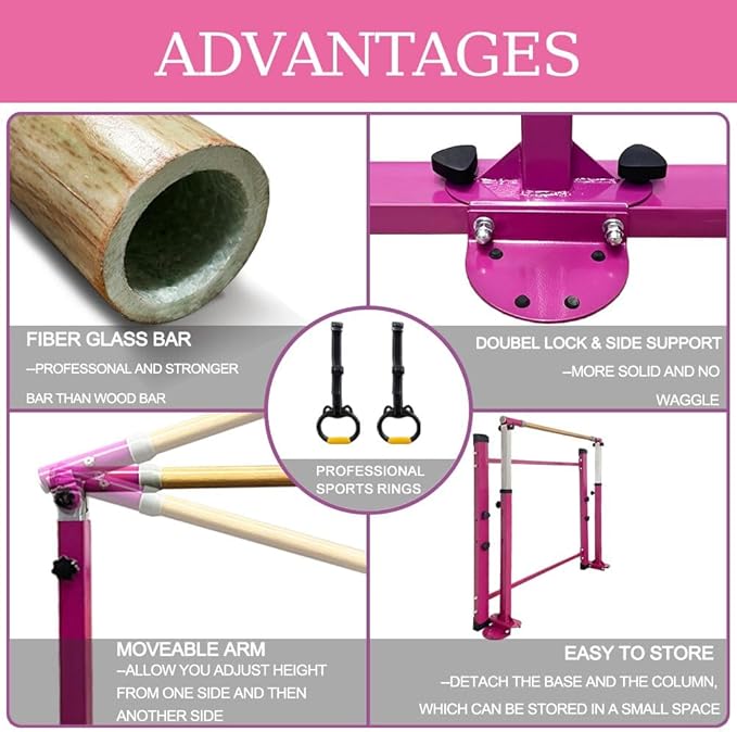 Gymnastics Kip Bar for Home Indoor Training,Horizontal Bar for Kids Girls Junior,Adjustable Arms from 3' - 5' Gym Equipment,1-4 Levels,300lbs Weight Capacity