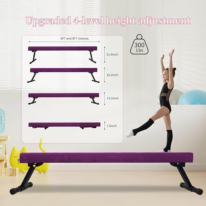 8FT Adjustable&Foldable Gymnastics Balance Beam,Home Gym Equipment,Easy Assembling and Storage,No Tool Require,for Kids Children Girls Training
