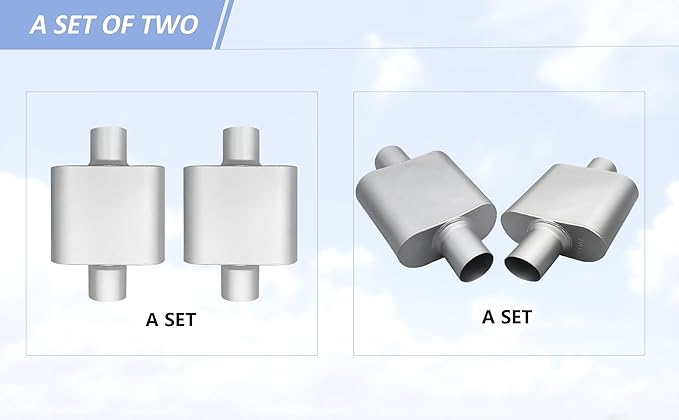 Silver Aluminum Coated Single Chamber Performance Muffler (2-Pack) - 3 inch Inlet/Outlet, 13.2 Inch Length - Universal Fit for Cars, Trucks, SUVs