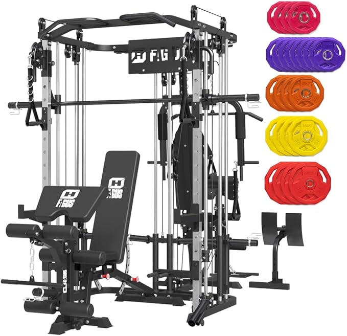 All in One Home Gym System Workout Station, Multi-Function Smithe Machine Power Cage with Cable Crossover System, Tripe-Sided Independent Load Posts, Functional Trainer for Full Body Training