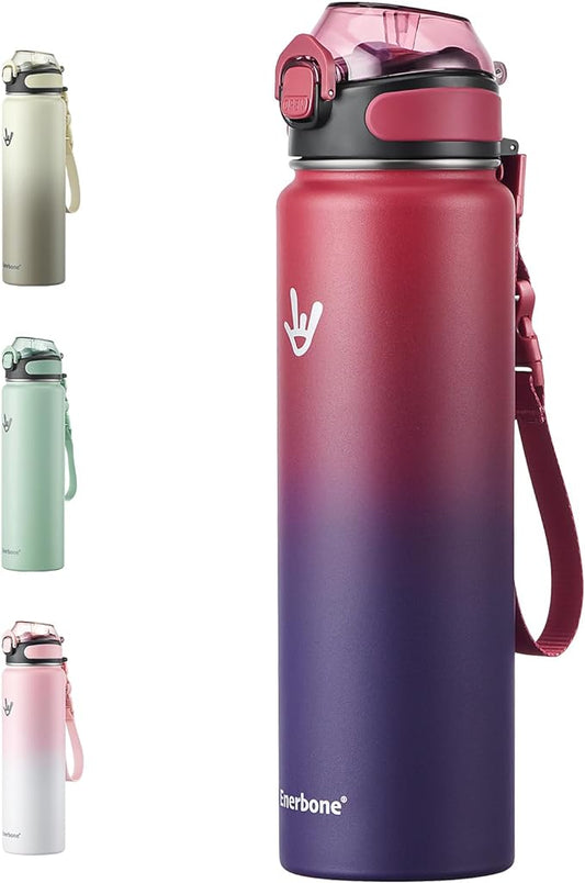 Enerbone 32 oz Insulated Water Bottle, Stainless Steel Bottle with Carrying Strap, Double-Wall Vacuum Insulation Design, Leakproof Sports Bottle with Straw, Keep Drinks Cold or Hot for Hours