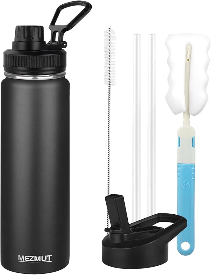 MEZMUT Insulated Water Bottle 24oz Stainless Steel Water Bottles with Straw&2 Lids Sports Metal Water Bottle Cup Double Walled Vacuum Insulated Bottles Leak-Proof Travel(Black)