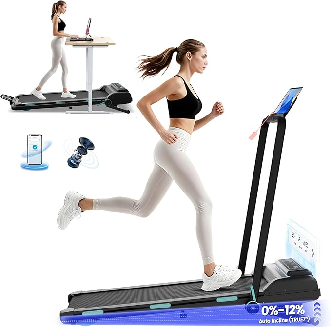 Treadmill with 12% 11-Level Auto Incline, Walking Pad with Handle Bar, 450 lbs Capacity, Under Desk Foldable Treadmills with Bluetooth Speaker, Powerful Walking Pad for Home, APP Connect
