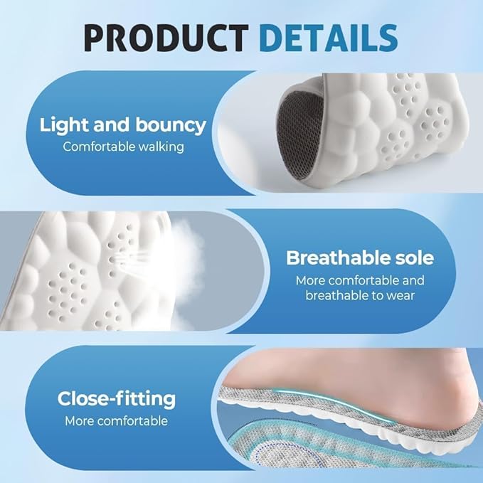 2Pairs 4D Cloud Insoles Men & Women, Memory Foam Cloud Insoles Super Soft Anti-Fatigue, Plantar Fasciitis Insole, Shock Absorption, Trim to Fit Arch Support for Foot Pain Relief and Fatigue Reduction