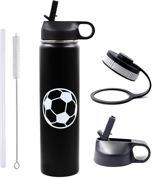 25 oz Soccer Water Bottle with Straw, Sports Flask Metal Travel Tumbler with 2 Lids, BPA Free Stainless Steel Double Wall Vacuum Insulated Leak Proof Thermo Water Bottles, Soccer Gifts for Boys Girls