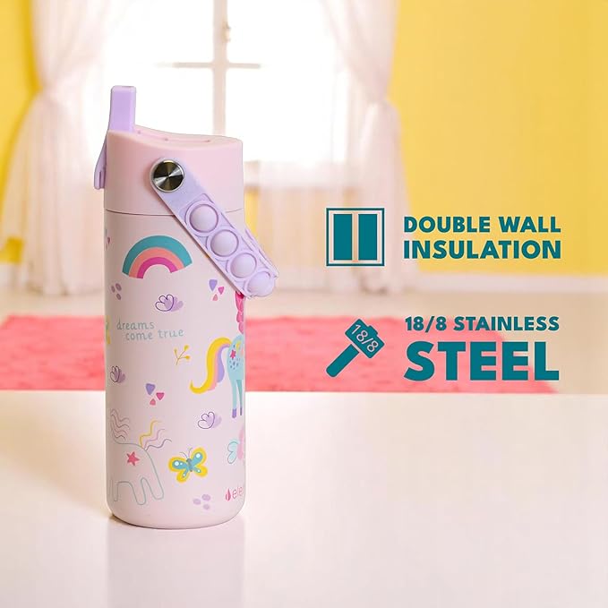 Elemental 100% Leak Proof When Spout is Closed Insulated Kids Water Bottle, Stainless Steel Bottle for School with Straw Lid & Pop-It Handle, Pink Tie Dye & Unicorn Rainbow -18oz (2 Pack)