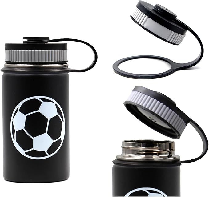 12 oz Soccer Water Bottle with Straw, Sports Flask Metal Travel Tumbler with 2 Lids, BPA Free Stainless Steel Double Wall Vacuum Insulated Leak Proof Thermo Water Bottles, Soccer Gifts for Boys Girls