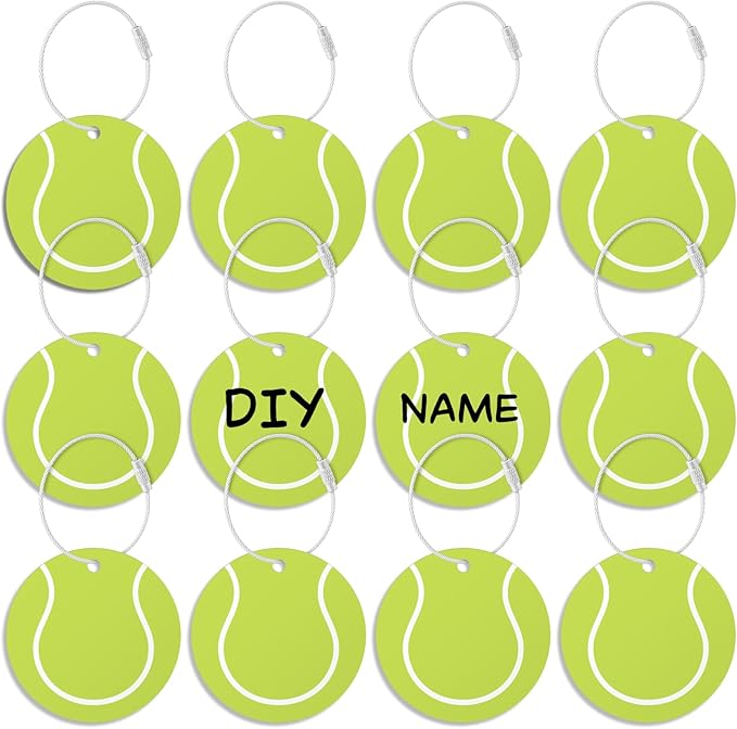 12Pcs Tennis Luggage Tags forTravel Suitcases Labels with Metal Ring 2.75in Tennis Keychain PVC Name Id and DIY Pocket Hug Card,Backpack Charms for Men Women Travel Bag Suitcase