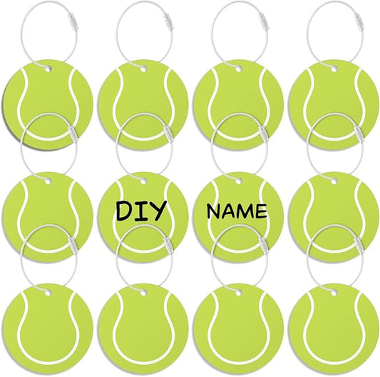 12Pcs Tennis Luggage Tags forTravel Suitcases Labels with Metal Ring 2.75in Tennis Keychain PVC Name Id and DIY Pocket Hug Card,Backpack Charms for Men Women Travel Bag Suitcase
