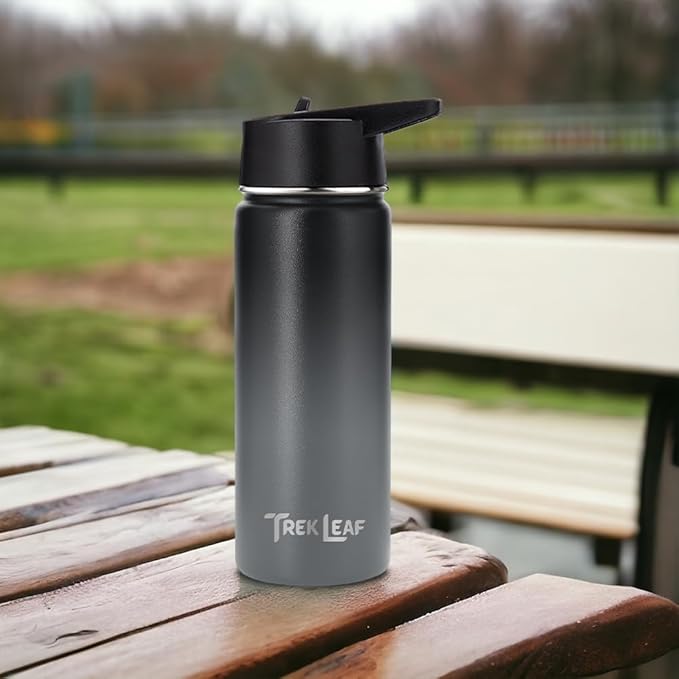 Travel Water Bottle with 3 Lids (Spout, Straw, Flip) Leak Proof, Quality, Vacuum Insulated, Stainless Steel (Charcoal Fog, 18 oz)