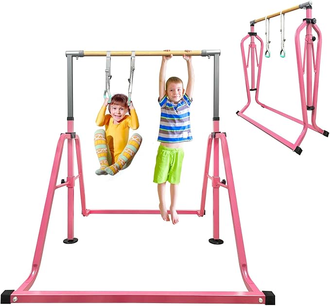 GLANT Gymnastics Bar for Kids with Rings Set, 7 Heights Adjustable Easy Folding Gymnastic Training Bar Kids Monkey Horizontal Bars - Max Load 300LBS