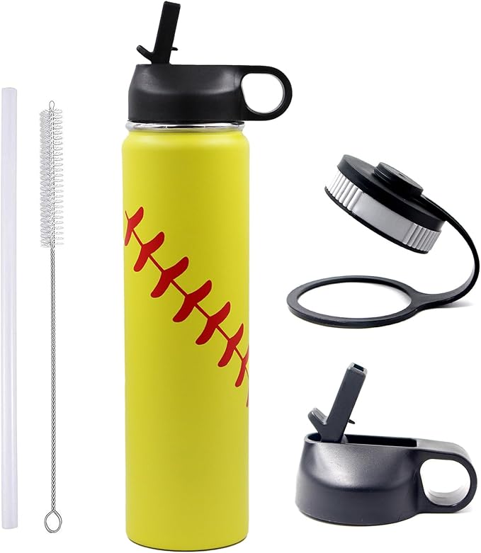 25 oz Softball Water Bottle, Wide Mouth Sports Flask Metal Travel Tumbler with 2 Lids, Stainless Steel Double Wall Vacuum Insulated Leak Proof Thermo Water Bottles, Softball Stuff Gifts for Mom Girls