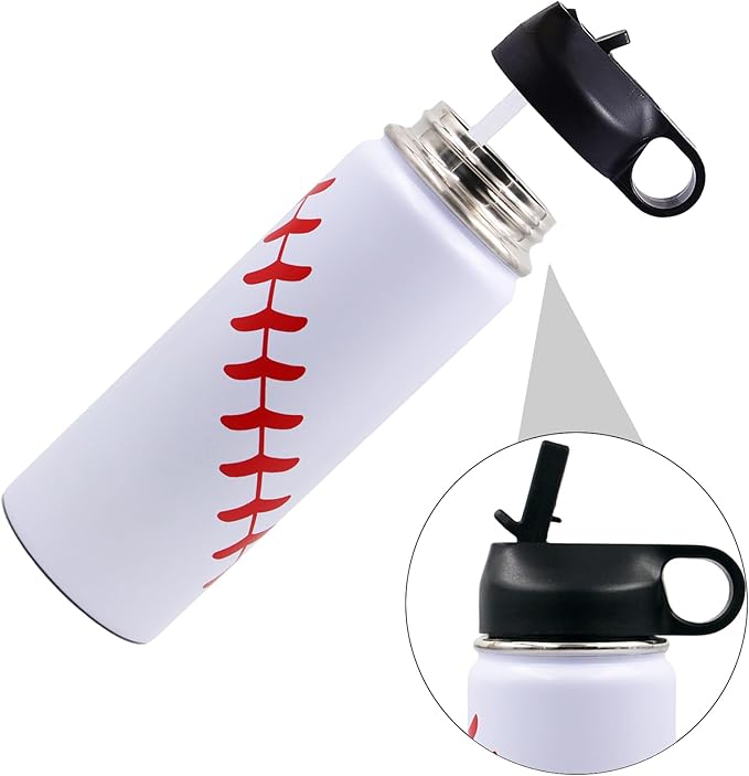 18 oz Baseball Water Bottle, Sports Flask Metal Travel Tumbler with 2 Lids, Stainless Steel Double Wall Vacuum Insulated Leak Proof Thermo Water Bottles, Baseball Accessories Gifts for Mom Boys Girls