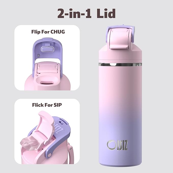 OISIZ Insulated Water Bottle 20 oz with 2 in 1 Spout and Straw Lid,One Click Safety Lock,100% Leakproof,Keep Cold 24H,Vacuum Stainless Steel Water Bottle for School,Travel and Sports,Dishwasher Safe