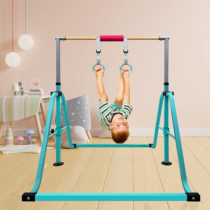GLANT Gymnastics Bar for Kids with Rings Set, 7 Heights Adjustable Easy Folding Gymnastic Training Bar Kids Monkey Horizontal Bars - Max Load 300LBS