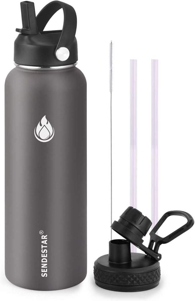 SENDESTAR Stainless Steel Water Bottle, Wide Mouth 32 oz Water Bottle with Straw Lid, Spout Lid, Double Wall Vacuum Insulated Leak Proof, Keeps Liquids Hot or Cold (Gray)