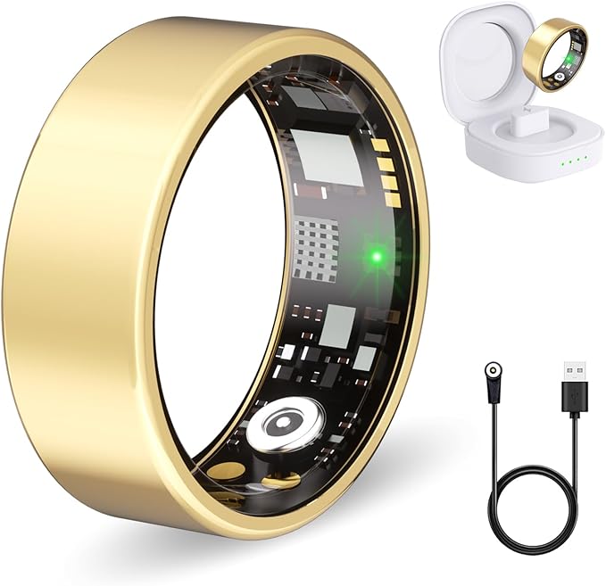 Smart Ring for Women Men Fitness Ring with Heart Rate, Blood Oxygen, Blood Pressure, Sleep Tracker, Step Tracker, IP68 Waterproof Health Ring for iOS & Android,No Subscription Fee(Gold, 11#)