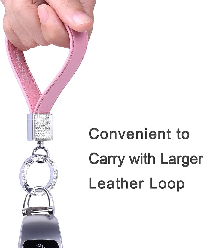Wisdompro Genuine Leather Car Keychain, Bling Key FOB Holder Leather Loop Keychains for Women Girls with Crystal Rhinestones and 2 Keyrings - Pink