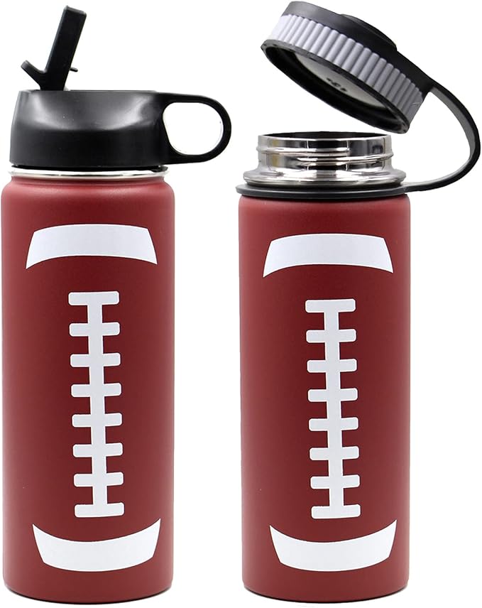18 oz Football Water Bottle with Straw, Sports Flask Metal Travel Tumbler with 2 Lids, Stainless Steel Double Wall Vacuum Insulated Leak Proof Thermo Water Bottles, Football Gear Gifts for Boys Girls