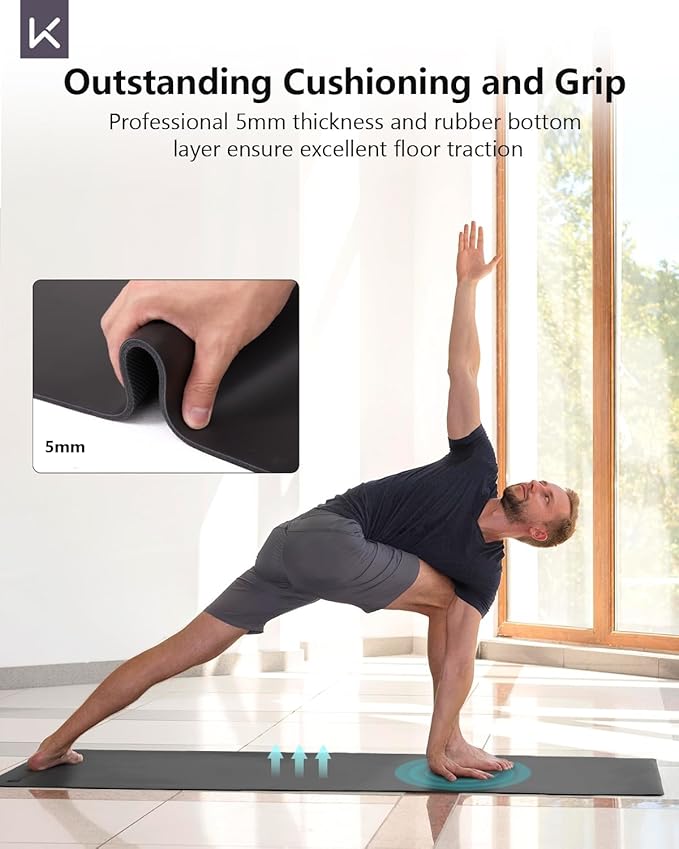 KEEP Rubber Yoga Mat - Professional Sweat Absorbent PU & Natural Rubber. Non Slip Workout Mats for Women & Men, 5mm Thick, 74"x26" Extra Long Wide Pad for Hot Yoga, Pilates, HIIT, Home Gym - Strap Included