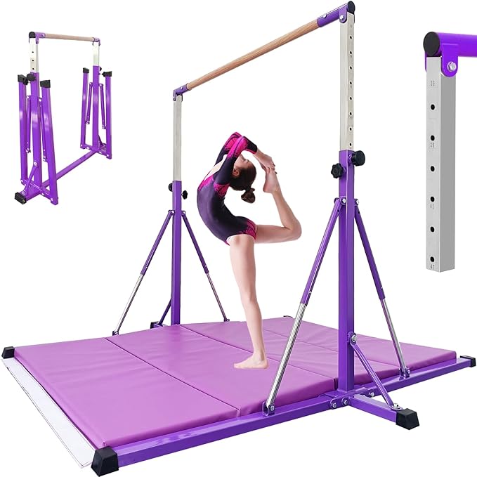 Gymnastics Bar for Kids Ages 3-15, 35" to 60" Adjustable Height, 4FT Wide Base - Professional Kip Bar with 360° Stability & Fiberglass Crossbar, Easy Fold&Solid Design for Home Training